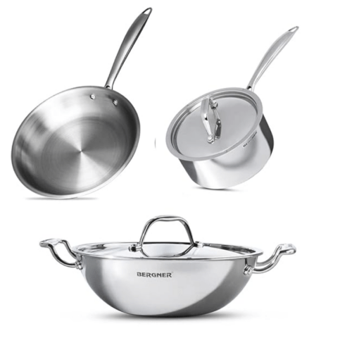 BERGNER Argent Triply Stainless Steel 5Pc Cookware Set, 1Pc-Saucepan with Lid 16cm, 1Pc-Kadai with Lid 24cm, 1Pc-Frypan 24cm, Silver, Standard (BGIN-1557)